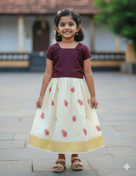 Maple leaf design hand painting tissue kerala pattu pavada for kids