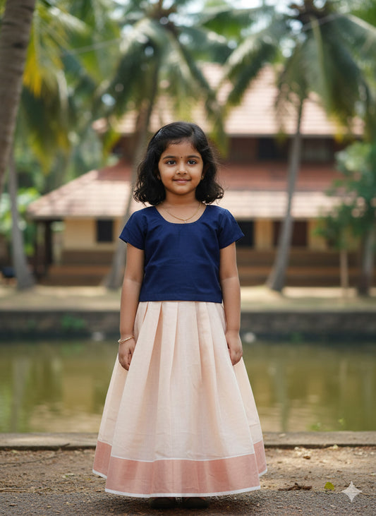 kerala copper tissue pattu pavada with blue blouse for kids