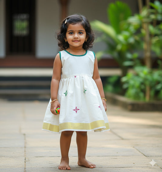 Vishu special design print cotton kerala kasavu frock for kids