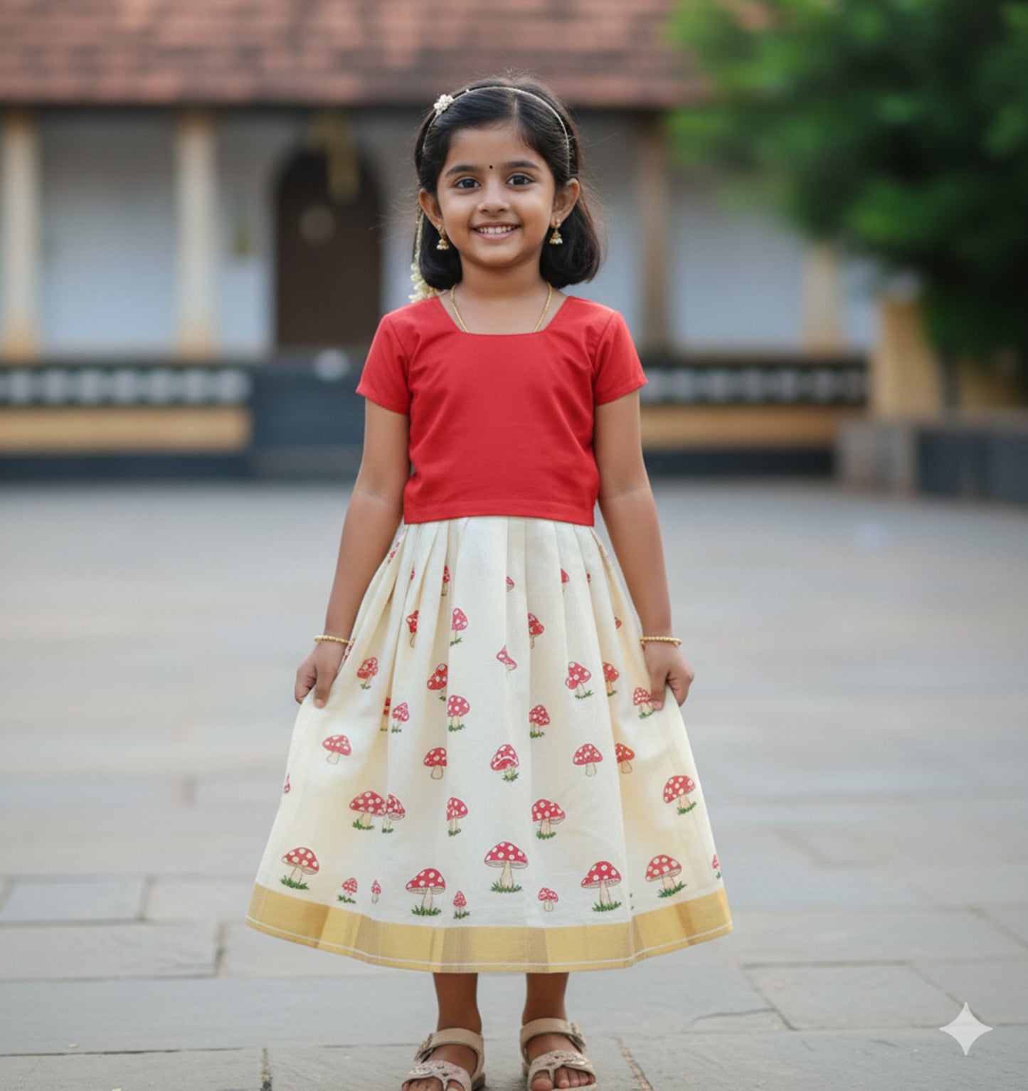 Mushroom design hand mural kerala tissue pattu pavada with red blouse for kids