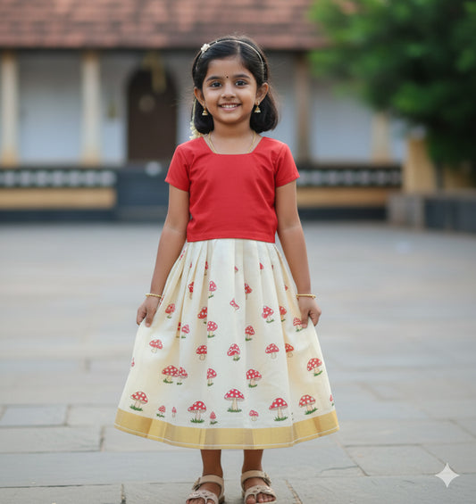 Mushroom design hand mural kerala tissue pattu pavada with red blouse for kids