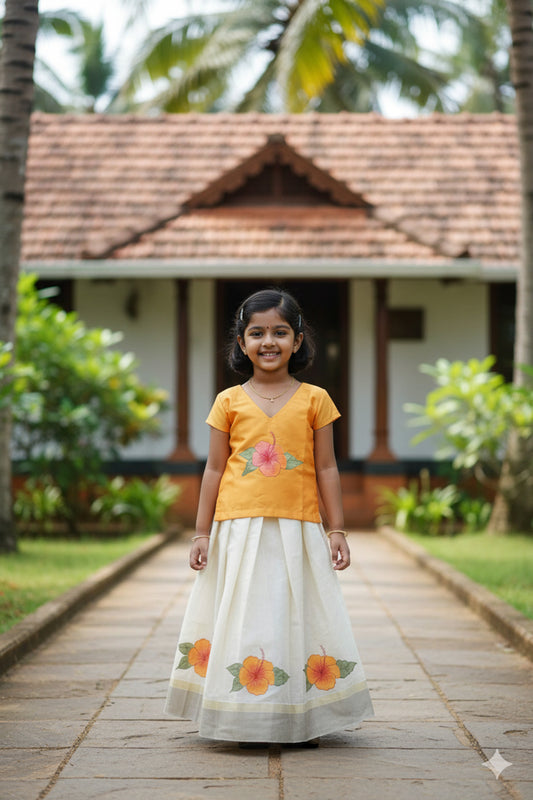 Flower design hand mural painting tissue kerala pattu pavada with yellow blouse for kids