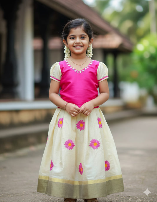 Flower design hand mural kerala tissue pattu pavada with magenta blouse for kids