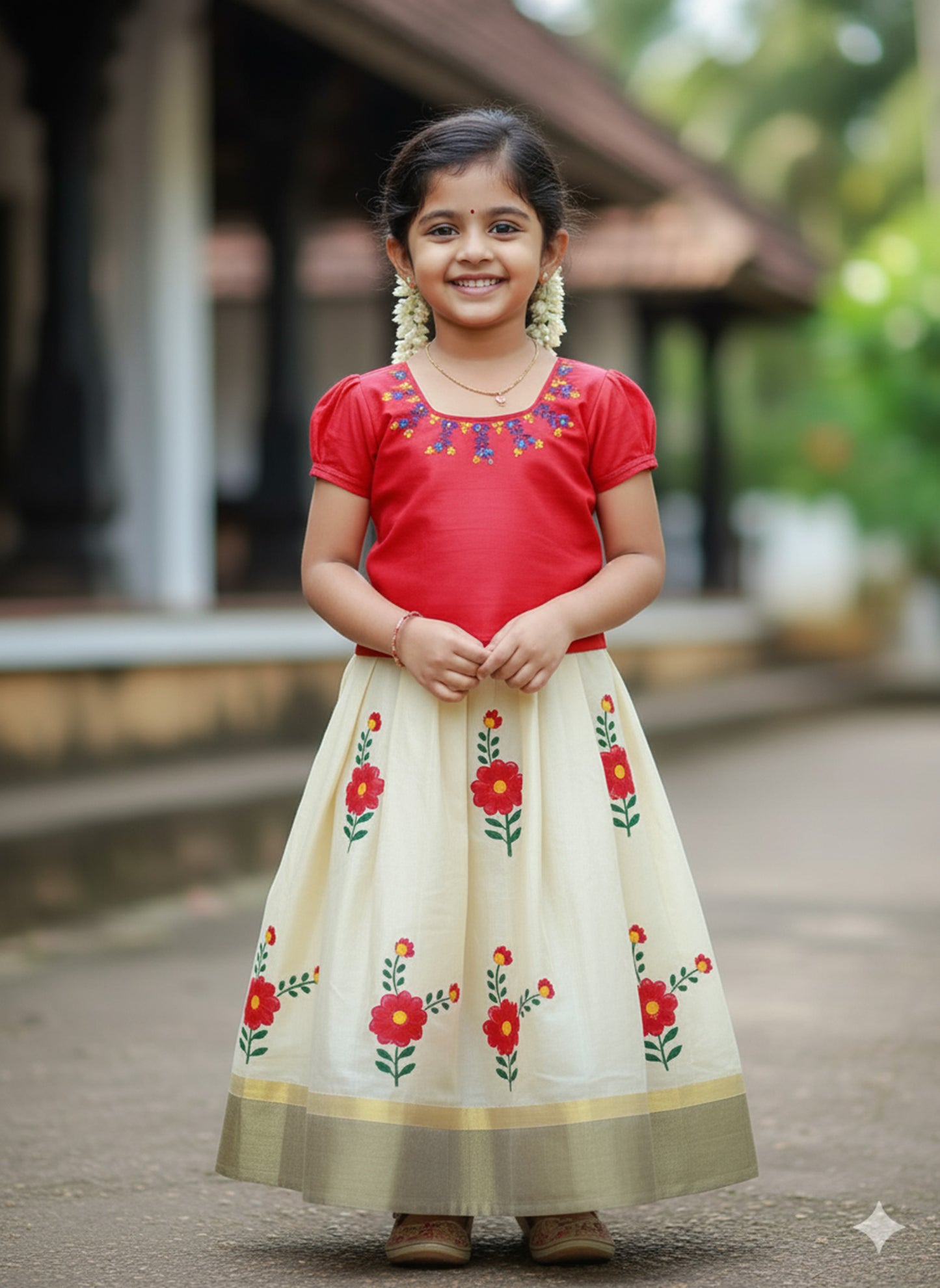 Flower design hand mural kerala tissue pattu pavada with red blouse for kids