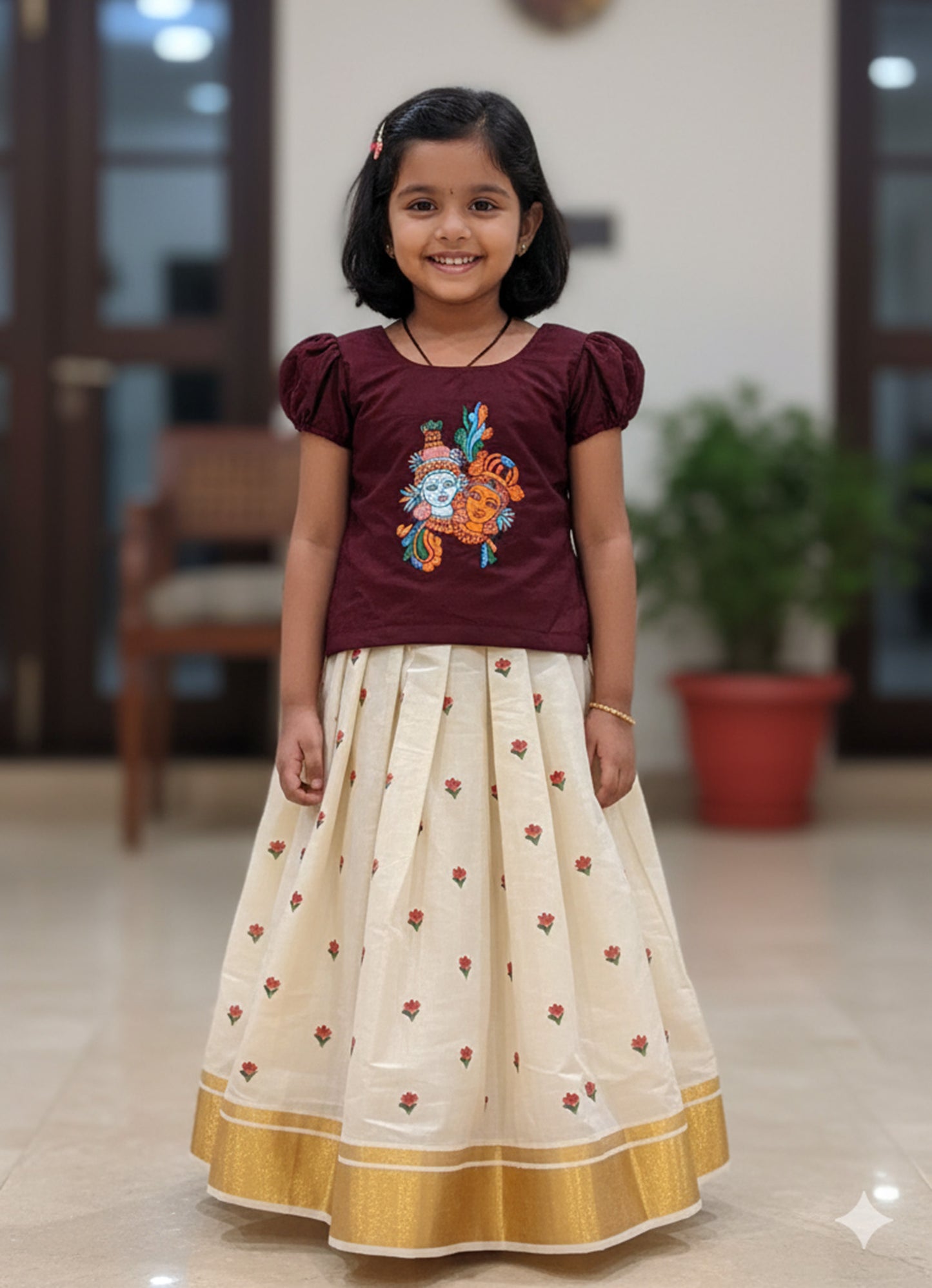 Radha krishna design hand mural painting with flower kerala tissue pattu pavada for kids