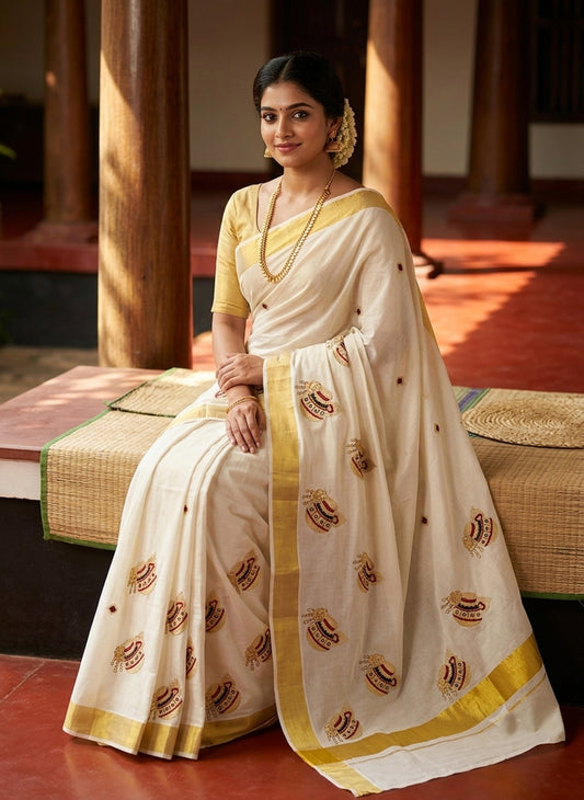 Premium quality pot design embroidery cotton kerala kasavu saree