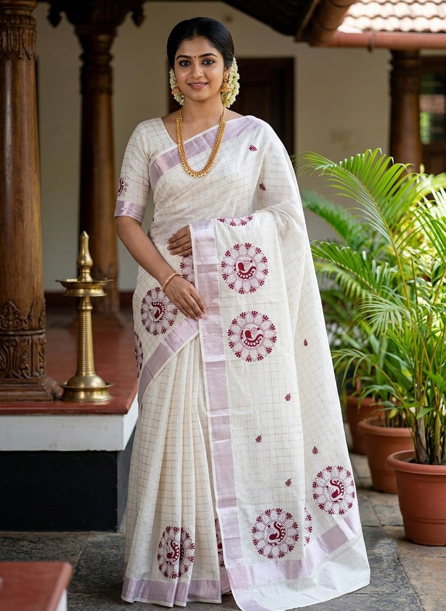 Premium quality peacock embroidery line design rose gold kerala kasavu saree