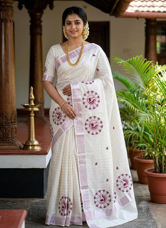 Premium quality peacock embroidery line design rose gold kerala kasavu saree