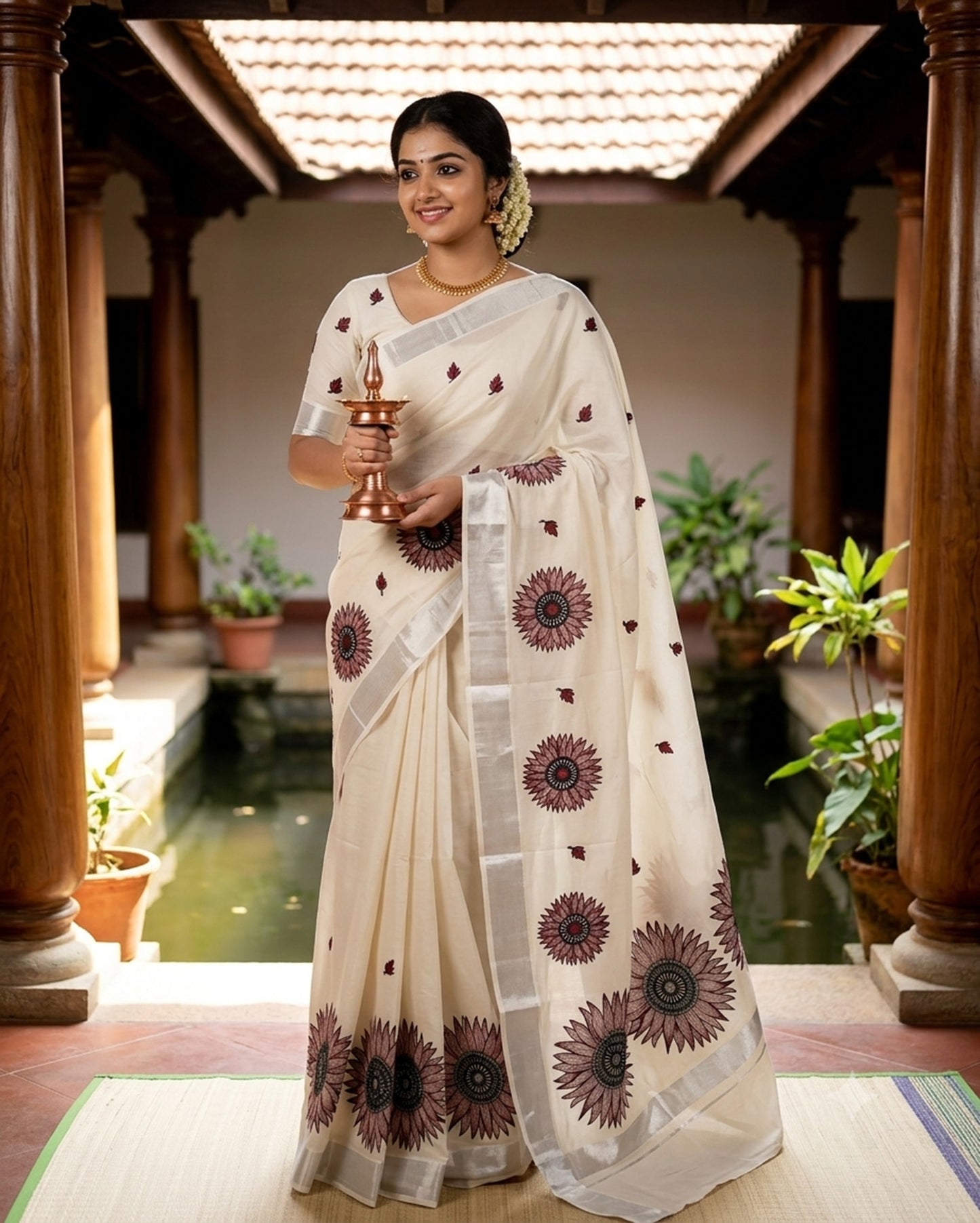 Premium quality big sunflower design kerala silver kasavu saree
