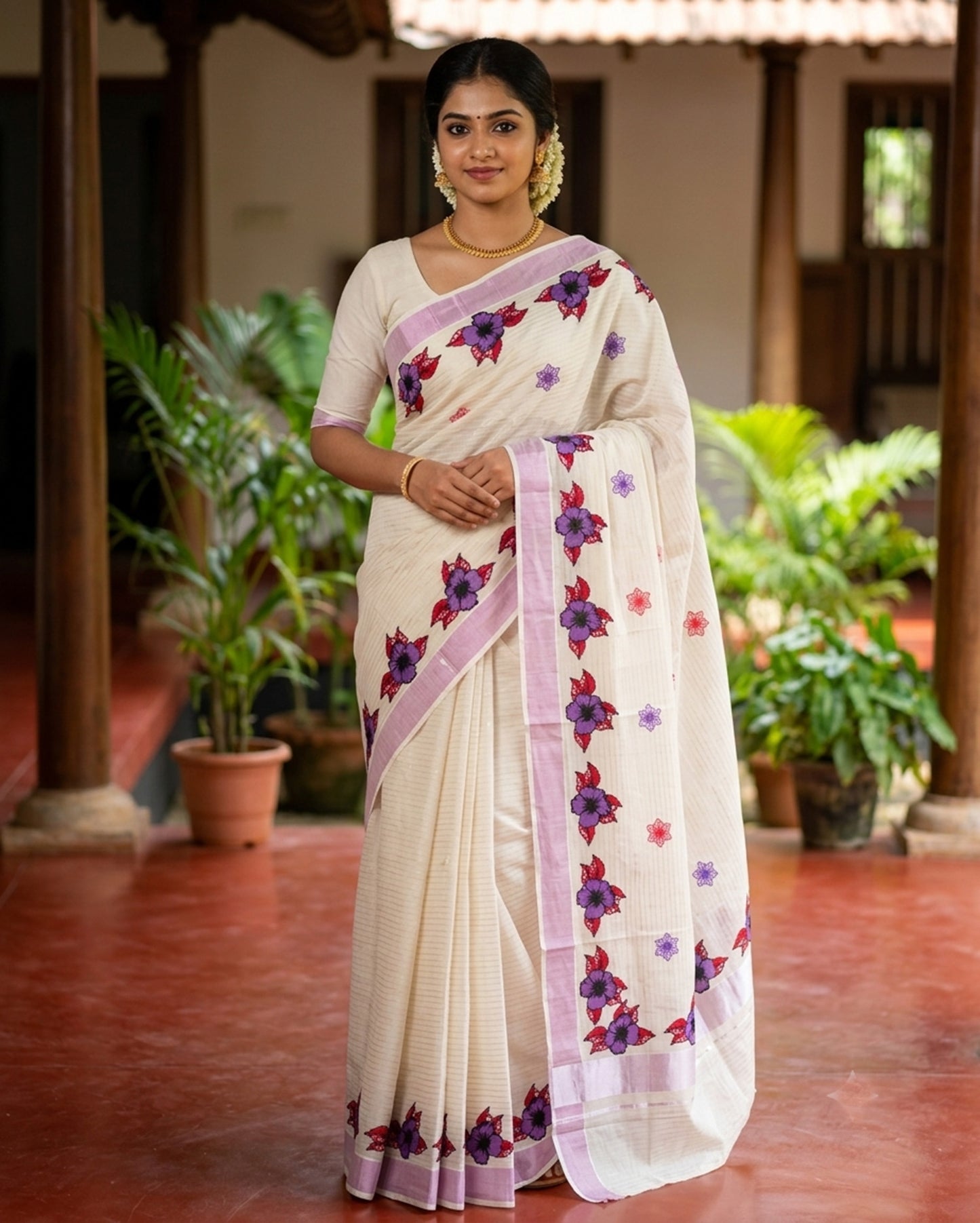Premium quality line with flower design rose gold kerala kasavu saree