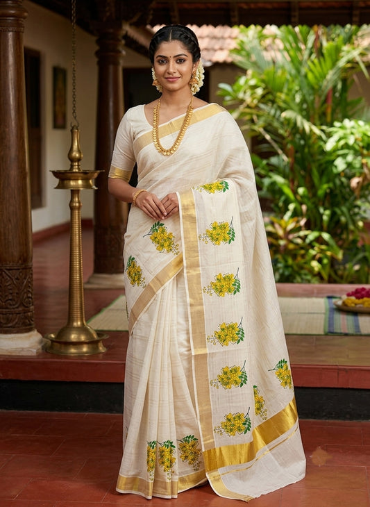 Premium quality kanikonna print line design kerala kasavu saree