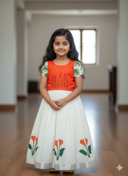 Flower design hand mural painting kerala pattu pavada with orange blouse for kids