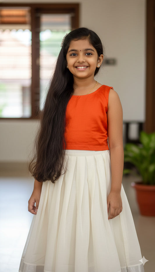 Kerala cotton pattu pavada with silver border with orange blouse  for kids