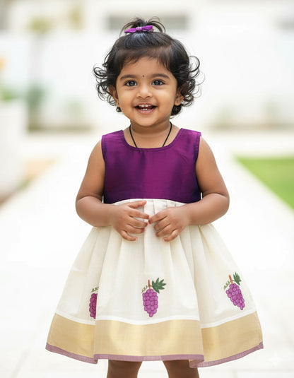 Grape design hand mural painting on kerala tissue kasavu frock for kids