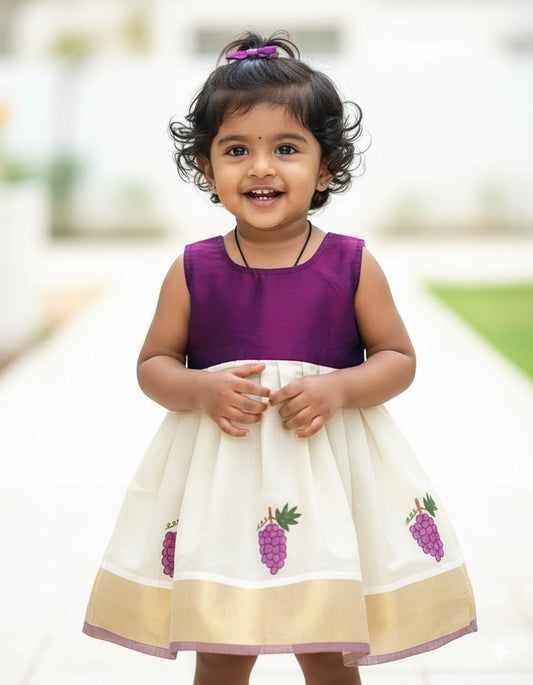 Grape design hand mural painting on kerala tissue kasavu frock for kids