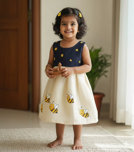 Honeybee design hand mural painting kerala tissue kasavu frock for kids