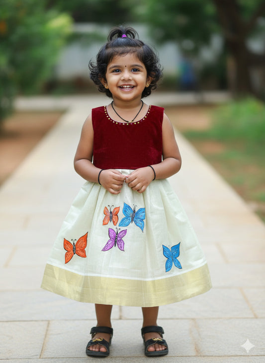 Butterfly design hand mural painting on kerala tissue kasavu frock for kids