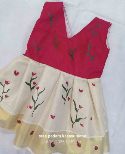 Hand mural painting kerala tissue kasavu frock with flower and leaf design for kids