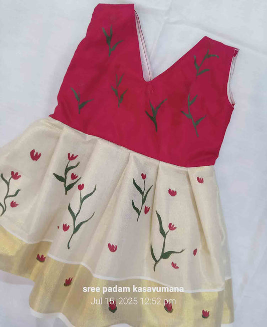 Hand mural painting kerala tissue kasavu frock with flower and leaf design for kids