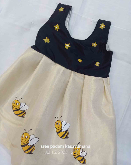 Honeybee design hand mural painting kerala tissue kasavu frock for kids