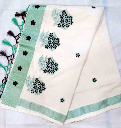 Flower embroidery designer kerala kasavu saree