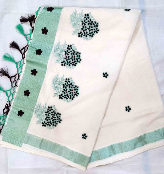 Flower embroidery designer kerala kasavu saree