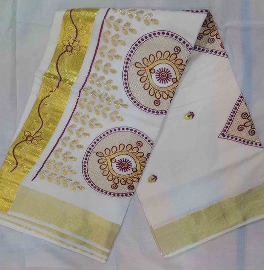 Golden flower embroidery designer kerala kasavu saree