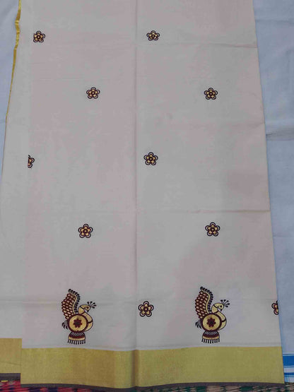 Peacock embroidery designer kerala kasavu saree