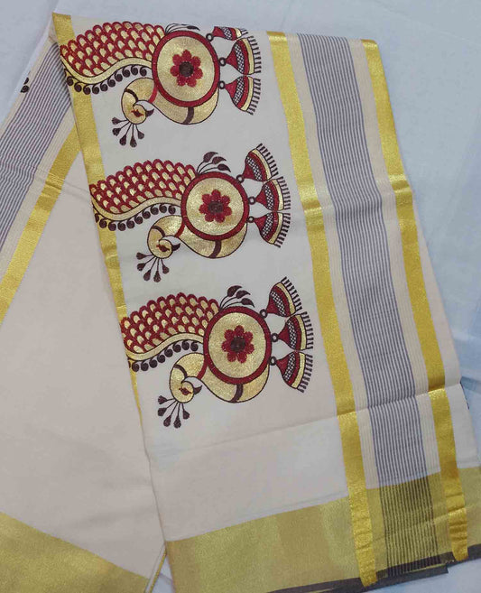 Peacock embroidery designer kerala kasavu saree