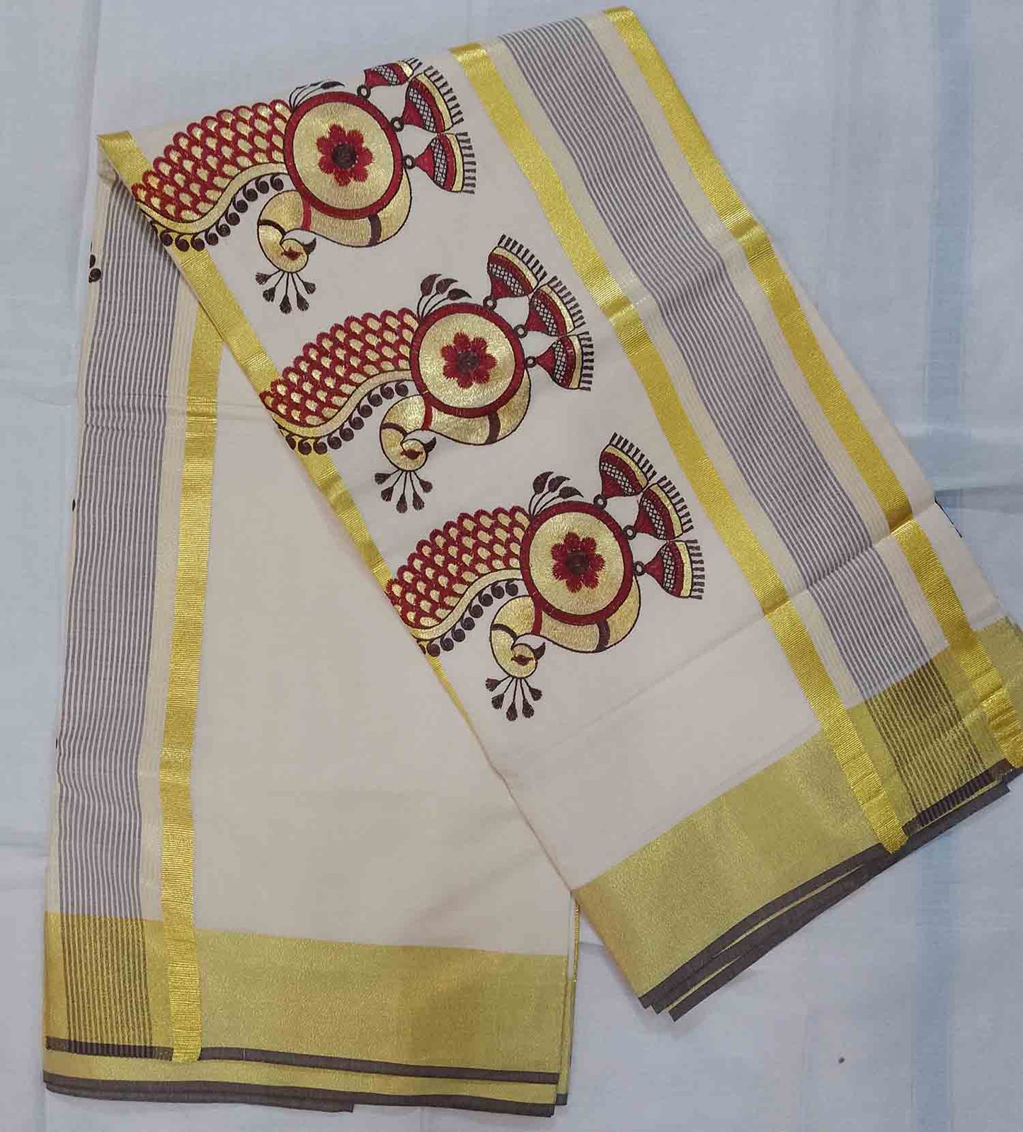Peacock embroidery designer kerala kasavu saree