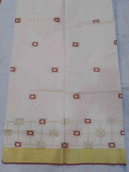 Square embroidery designer kerala kasavu saree