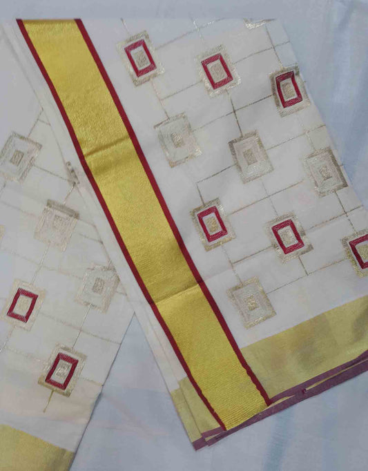 Square embroidery designer kerala kasavu saree