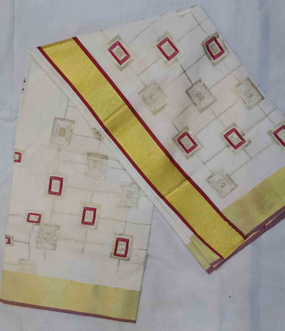 Square embroidery designer kerala kasavu saree