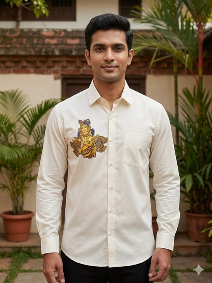 Golden krishna hand mural painting on cream silk shirt