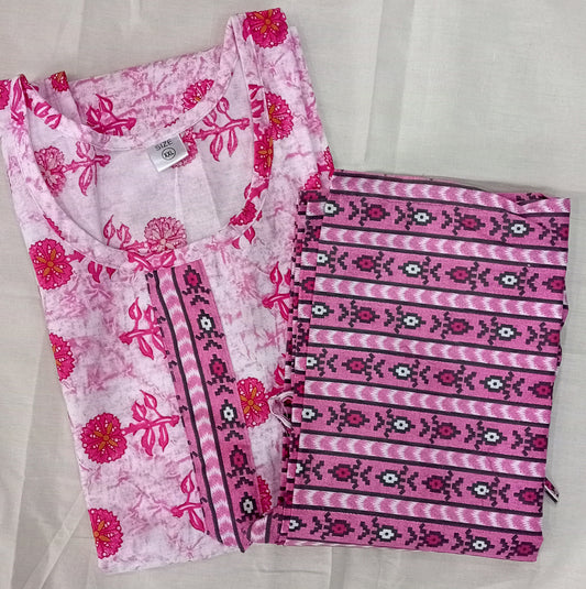 Flower design pink stitched cotton kurta with pant