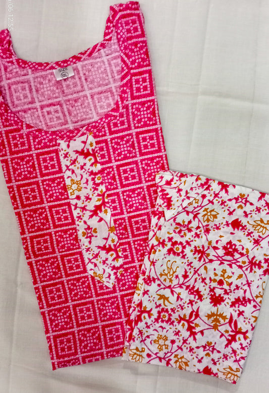 Pink and white shade stitched cotton kurta with pant