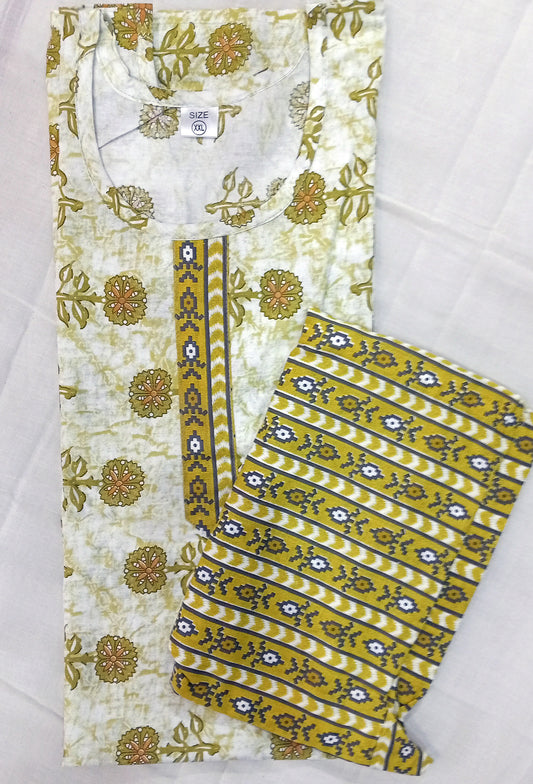 White and green shade stitched cotton kurta with pant