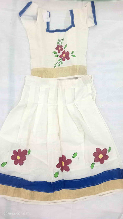 Flower design hand mural painting on kerala cotton kasavu pattu pavada for kids