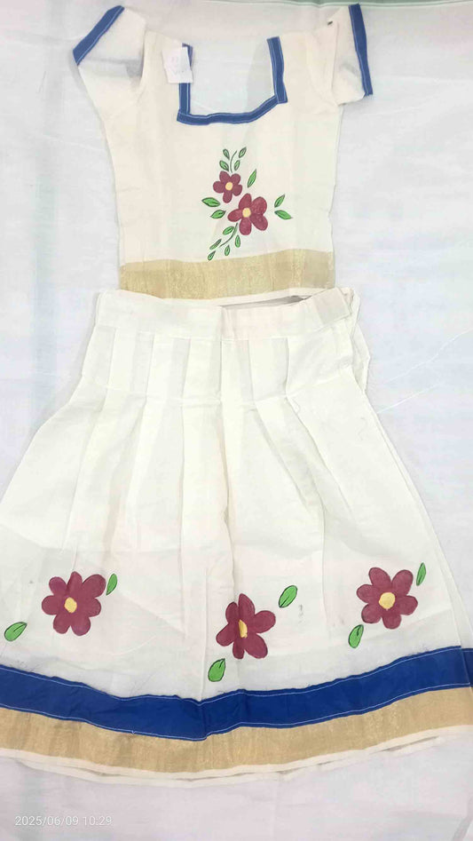 Flower design hand mural painting on kerala cotton kasavu pattu pavada