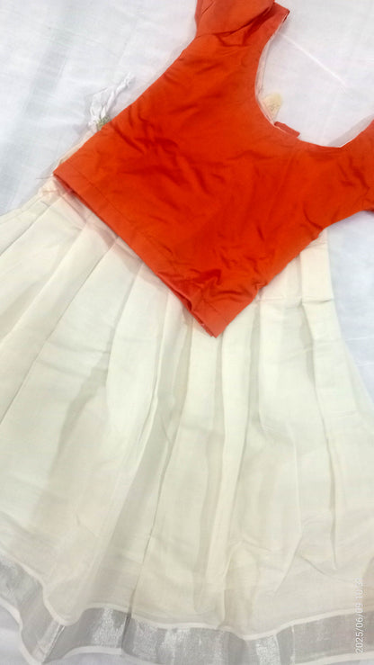 Kerala cotton pattu pavada with silver border with orange blouse  for kids