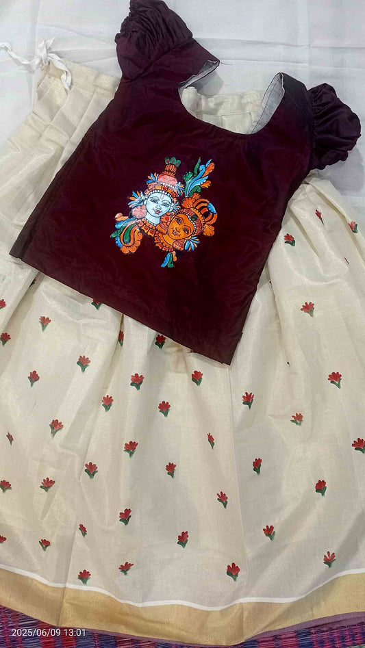 Radha krishna design on top and flower design on kasavu pavada