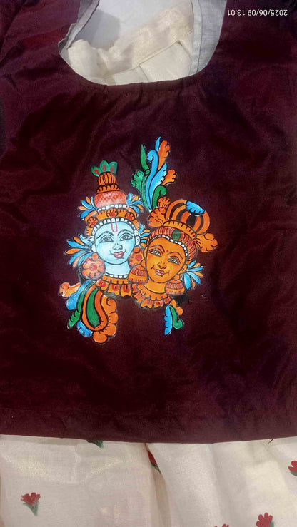 Radha krishna design on top and flower design on kasavu pavada