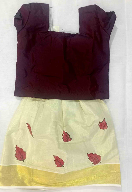 Maple leaf design hand painting tissue kerala pattu pavada for kids