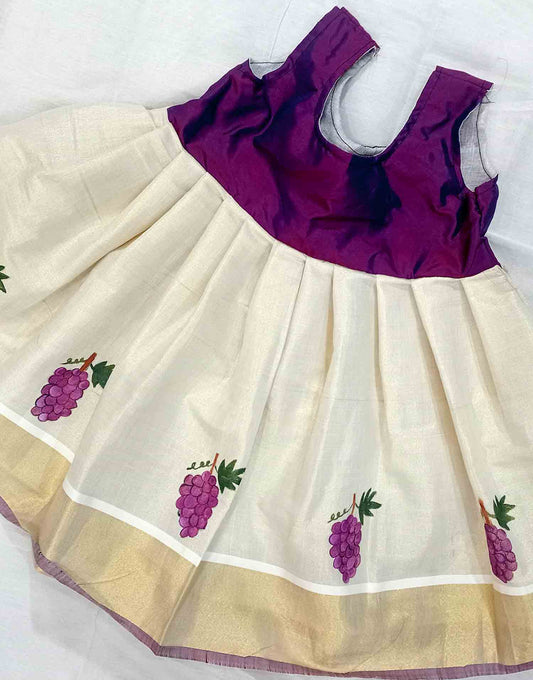 Grape design hand mural painting on kerala tissue kasavu frock