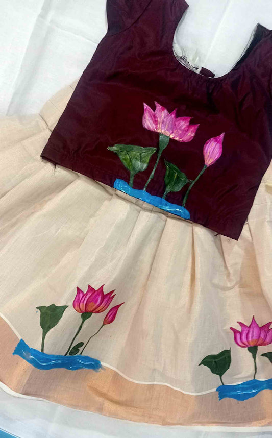 Designer hand mural painting lotus design tissue pattu pavada with maroon blouse