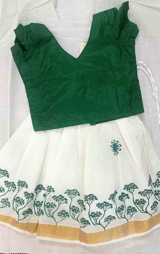 Tree printed design kerala pattu pavada with green blouse