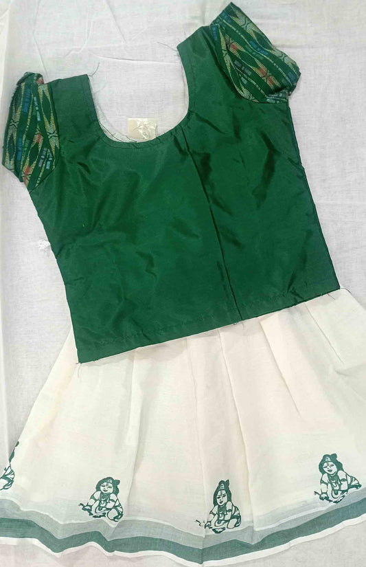 Krishna print design kerala pattu pavada with green blouse