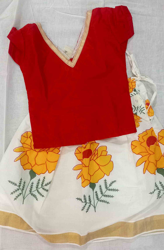 Flower print design kerala kasavu pattu pavada with red blouse