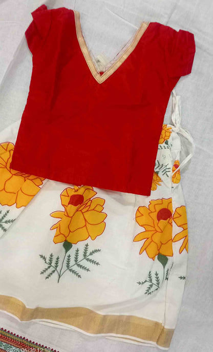 Flower print design kerala kasavu pattu pavada with red blouse