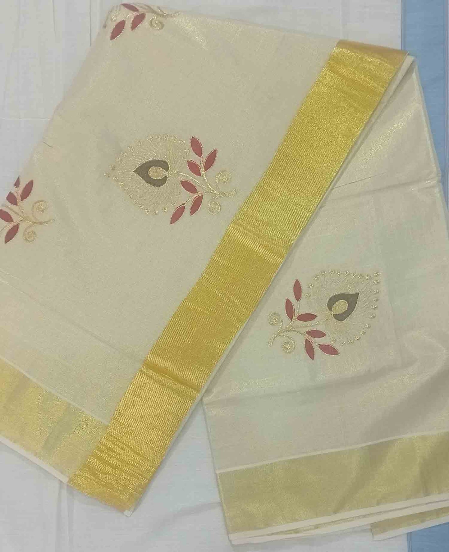 Flower embroidery designer kerala golden tissue kasavu saree
